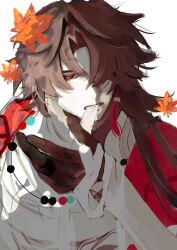  1boy bandages beads biting black_hair blade_(elation)_(honkai:_star_rail) blade_(honkai:_star_rail) commentary_request double-parted_bangs earrings gloves hair_over_one_eye highres honkai:_star_rail honkai_(series) hsr_xxx jacket jewelry leaf long_hair maple_leaf necklace red_eyes red_jacket single_earring tassel 