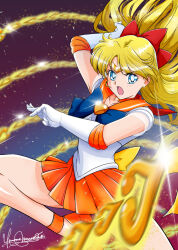  1girl :o aino_minako angry back_bow bare_legs bishoujo_senshi_sailor_moon blonde_hair blue_bow blue_eyes bow brooch choker circlet commentary_request dj_jdite elbow_gloves gloves hair_bow heart heart_brooch highres itou_ikuko_(style) jewelry long_hair looking_at_viewer magical_girl miniskirt open_mouth orange_choker orange_sailor_collar orange_shoes orange_skirt pleated_skirt red_bow sailor_collar sailor_senshi_uniform sailor_venus shoes signature skirt solo star_(symbol) star_choker super_sailor_venus venus_love_me_chain white_gloves yellow_bow 