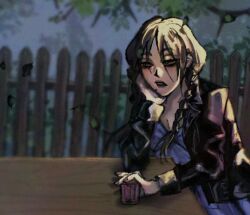 1girl blue_eyes braid brown_hair drinking fence fog jacket leather leather_jacket long_hair lowres mole outdoors sleepy twin_braids 