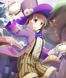  1girl :o alice's_adventures_in_wonderland arm_up blue_bow blue_bowtie blue_ribbon blush bow bowtie breasts brown_hair brown_shirt brown_shorts buttons checkered_bow checkered_bowtie checkered_clothes clouds club_(shape) coat cosplay cowboy_shot cup day diamond_(shape) dot_nose flower game_cg giant_mushroom gloves hair_ornament hairclip hat hat_flower hat_ribbon heart high_collar holding holding_cup holding_teapot leggings long_sleeves looking_at_viewer mad_hatter_(alice_in_wonderland) mad_hatter_(alice_in_wonderland)_(cosplay) mizushina_waka mushroom official_art open_clothes open_coat outdoors parted_lips pink_eyes pink_pupils pinstripe_shorts pouring purple_bow purple_bowtie purple_coat purple_hat purple_leggings purple_sky ribbon shirt short_hair shorts sky small_breasts solo spade_(shape) sparkle striped_clothes striped_leggings striped_shorts suspenders tea teacup teapot third-party_source toji_no_miko toji_no_miko:_kizamishi_issen_no_tomoshibi top_hat two-tone_bow two-tone_bowtie vertical-striped_clothes vertical-striped_shorts white_flower white_gloves 