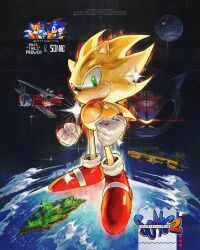  absurdres commentary death_egg english_commentary fox_boy furry furry_male hedgehog_boy highres island kornart mecha_sonic_mki multiple_tails ocean sonic_(series) sonic_the_hedgehog sonic_the_hedgehog_(classic) sonic_the_hedgehog_2 super_sonic tail tails_(sonic) tornado_(airplane)_(sonic) two_tails yellow_fur 