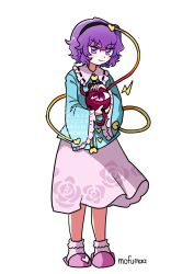  1girl artist_name black_hairband blue_shirt buttons closed_mouth collared_shirt commentary eyeball floral_print frilled_shirt_collar frilled_sleeves frills full_body hair_ornament hairband heart heart_button heart_hair_ornament komeiji_satori looking_at_viewer maa_(forsythia1729) medium_hair pink_skirt pink_slippers print_skirt purple_hair ribbon-trimmed_collar ribbon_trim rose_print shirt simple_background skirt slippers smile socks solo third_eye touhou violet_eyes white_background white_socks 
