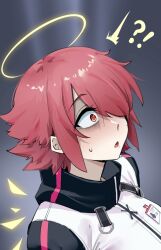  !? 1girl ^^^ arknights chinese_commentary commentary_request constricted_pupils detached_wings exusiai_(arknights) hair_over_one_eye halo highres ikamochi_kalong jacket one_eye_covered open_mouth pink_hair portrait red_eyes scared short_hair solo sweatdrop traditional_halo white_jacket wings yellow_halo 