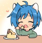  1boy ahoge animal_ears blue_hair blush cardfight!!_vanguard cat_ears cat_tail chawanmushi_(ebikamaboko) eating food food_on_face heart lowres male open_mouth pudding sendou_aichi short_hair solo spoon tail 