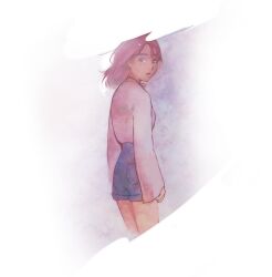  1girl :o angela_he bob_cut brown_eyes denim denim_shorts feet_out_of_frame looking_at_viewer looking_back missed_messages non-web_source official_art pink_hair shirt_tucked_in short_hair shorts solo surprised sweater transparent_background variant_set white_sweater 