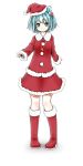  1girl animal_ears blue_eyes blue_hair boots cat_ears christmas dress hair_bobbles hair_ornament hat jewelry kawashiro_nitori kemonomimi_mode key key_necklace looking_at_viewer pom_pom_(clothes) red_dress santa_boots santa_costume santa_hat short_hair simple_background skirt smile solo takaha_(haiburijji) touhou transparent_background twintails white_background 