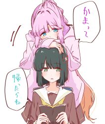  2girls ahoge anyoji_hime blue_eyes blunt_bangs blunt_ends blunt_sidelocks bob_cut book brown_dress commentary_request dress flower flower_knot green_eyes green_hair hair_flower hair_intakes hair_ornament hands_on_another's_head hasu_no_sora_school_uniform highres holding holding_book hood hooded_jacket jacket link!_like!_love_live! long_hair long_sleeves looking_at_another love_live! momiji_(moj_0404) momose_ginko multi-tied_hair multiple_girls neckerchief open_book open_clothes open_jacket pink_flower pink_hair pink_jacket ponytail reading sailor_collar sailor_dress school_uniform short_hair sidelocks sitting speech_bubble standing translation_request virtual_youtuber white_sailor_collar winter_uniform yellow_neckerchief 