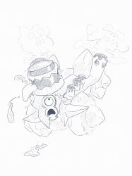  absurdres commentary_request exhaust full_body greyscale highres monochrome munna_(pixiv_4032814) no_humans open_mouth pokemon pokemon_(creature) pokemon_focus revavroom simple_background solo tongue tongue_out white_background 