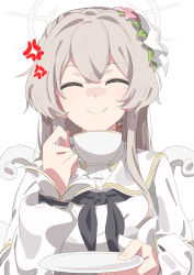  1girl ^_^ absurdres anger_vein black_neckerchief black_necktie blue_archive capelet closed_eyes commentary crossed_bangs csham cup dress feathered_wings flower hair_between_eyes hair_flower hair_ornament halo highres holding holding_cup holding_plate long_hair low_wings nagisa_(blue_archive) neckerchief necktie plate sidelocks smile solo spilling symbol-only_commentary teacup trembling upper_body white_capelet white_dress white_wings wings yellow_halo 