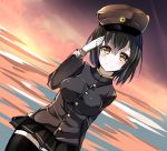  1girl akitsu_maru_(kantai_collection) black_eyes black_hair black_legwear blush cowboy_shot dutch_angle hat highres impossible_clothes kantai_collection light_smile long_sleeves looking_at_viewer microskirt military military_hat military_uniform outdoors pale_skin pleated_skirt shamuichi short_hair skirt small_breasts solo sunset thigh-highs uniform water zettai_ryouiki 