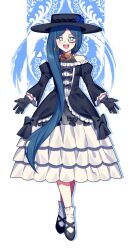  1girl alternate_costume bare_shoulders black_bow black_dress black_gloves black_hat black_shirt black_shoes blue_background blue_eyes blue_flower blue_hair blue_outline bow bow_button classic_lolita commentary_request cross-laced_shoes crossed_legs danganronpa_(series) danganronpa_v3:_killing_harmony dress dress_bow earrings floral_background flower frilled_dress frilled_gloves frilled_sleeves frilled_socks frills full_body gloves gold_earrings hair_over_shoulder halter_shirt halterneck happy hat hat_flower heart highres jewelry juliet_sleeves layered_dress lolita_fashion long_dress long_hair long_sleeves mary_janes monocle off-shoulder_dress off_shoulder outline puffy_sleeves round_eyewear semi-rimless_eyewear shirogane_tsumugi shirt shirt_under_dress shoes socks solo standing sun_hat two-tone_background under-rim_eyewear very_long_hair waka_(wk4444) wavy_hair white_background white_dress white_socks yellow-framed_eyewear 