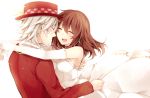  1boy 1girl ^_^ brown_hair closed_eyes copyright_request dress elbow_gloves facial_mark gloves hat hug ichinose_yukino open_mouth silver_hair simple_background smile top_hat wedding_dress white_background white_dress white_gloves 