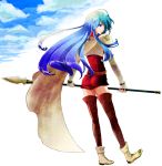  blue_eyes blue_hair boots cape chestplate fire_emblem looking_back polearm sheeda spear thigh-highs weapon zoozoowaowao 