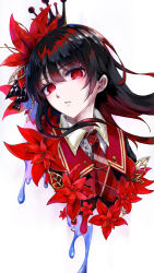  1girl black_hair blue_liquid collared_shirt commentary_request crown flower hair_between_eyes highres hime_cut jacket long_hair looking_at_viewer mahou_shoujo_no_majo_saiban necktie nikaido_hiro open_mouth red_eyes red_flower red_necktie school_uniform shirt solo upper_body white_background white_shirt witch_(manosaba) yamuyamu 