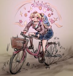  1girl :3 bicycle blonde_hair blue_skirt collar collarbone commentary_request double_bun hair_bun hair_ornament happy_aura heart highres hololive long_hair momosuzu_nene nymph_rhythm riding riding_bicycle skirt smile solo star_(symbol) virtual_youtuber 