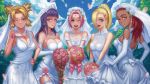  5girls bare_shoulders blonde_hair blue_eyes bouquet breasts bridal_veil bride dark_skin dress earrings elbow_gloves flower garter_straps gloves green_eyes hair_ornament hair_over_one_eye haruno_sakura hyuuga_hinata jewelry karui leaf98k long_hair multiple_girls naruto pink_hair ponytail purple_hair quad_tails redhead temari thigh-highs veil violet_eyes wedding_dress yamanaka_ino yellow_eyes 