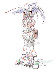  1boy 96uni69 backpack bag black_shirt brown_hair commentary_request digimon digimon_story:_time_stranger full_body goggles goggles_on_head gomamon green_eyes group_picture highres male_focus patamon picodevimon shirt short_hair shorts simple_background sketch white_background yellow_eyes yuuki_dan 