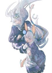  2boys 2girls ahoge animal_ears blue_coat blue_eyes blue_hairband bow bowtie buttons closed_eyes coat double-breasted ear_covers ear_ornament fang grey_hair hair_between_eyes hair_ornament hairband headband highres horse_ears horse_girl jacket long_hair long_sleeves multicolored_hair multicolored_hairband multiple_boys multiple_girls oguri_cap_(umamusume) open_clothes open_coat open_mouth pleated_skirt purple_sailor_collar purple_serafuku purple_shirt purple_skirt red_headband sailor_collar sailor_shirt scarf school_uniform serafuku shirt skirt smile striped_clothes striped_hairband tamamo_cross_(umamusume) tracen_school_uniform tracen_winter_coat two-tone_hairband umamusume unicornderby very_long_hair white_bow white_bowtie white_scarf winter_clothes winter_coat winter_uniform 