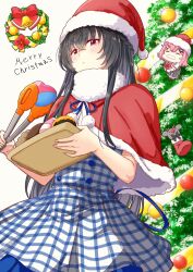  2girls amaori_renako ashigaya_high_school_uniform black_hair blue_ribbon blush bow bowtie capelet chibi christmas christmas_tree closed_eyes closed_mouth commentary_request dot_mouth doughnut dress facial_hair fake_facial_hair fake_mustache food food_request fur-trimmed_capelet fur_trim hair_ornament hairclip hat highres holding holding_tongs holding_tray koto_satsuki long_hair looking_at_viewer medium_hair merry_christmas mono9ron multiple_girls mustache neck_ribbon pink_hair pleated_skirt red_bow red_bowtie red_capelet red_eyes ribbon santa_hat school_uniform shirt simple_background skirt striped_clothes striped_dress thick_mustache tongs tray waitress watashi_ga_koibito_ni_nareru_wake_naijan_murimuri! white_background white_shirt x_hair_ornament 