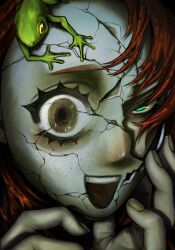  1boy 4rmy_t8 animal_on_head brown_eyes cracked_kawaii_mask cracked_mask diavolo fingernails frog green_eyes hand_on_own_face highres jojo_no_kimyou_na_bouken looking_at_viewer on_head open_mouth red_hair solo vento_aureo vinegar_doppio 