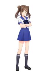  1girl artist_request black_bow black_bowtie black_shoes black_socks blue_sailor_collar blue_skirt bow bowtie brown_hair cinderella_series closed_mouth crossed_arms double_bun hachigatsu_no_cinderella_nine hair_bun highres kishi_fuuka kneehighs looking_at_viewer official_art sailor_collar school_uniform shirt shoes short_sleeves skirt socks solo transparent_background twintails white_shirt yellow_eyes 