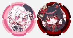  2girls :d animal_ears beret black_hair black_hat black_jacket black_shirt black_skirt cat_ears cat_girl cat_tail chibi chibi_only collared_shirt crown dog_ears dog_girl dog_tail fang flower gradient_hair hair_flower hair_ornament hashtag-only_commentary hat jacket long_hair looking_at_viewer mahou_shoujo_no_majo_saiban multicolored_hair multiple_girls nikaido_hiro open_mouth pink_eyes pink_hair pointing pointing_at_viewer red_eyes sakuraba_ema shirt short_hair skirt smile tail touming_jun white_hair x_hair_ornament 