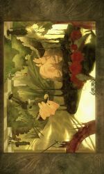  1boy abandoned absurdres animal_ears black_cloak black_hat black_sleeves border brown_hair bush buttons character_doll character_request checkered_floor cloak closed_mouth commentary conner_1017 cross-laced_clothes cross-laced_sleeves curtains degrees_of_lewdity doll dripping earrings eden_(degrees_of_lewdity) eden_(male)_(degrees_of_lewdity) expressionless floating_hair flower foliage fox_boy fox_ears green_eyes gwylan_(degrees_of_lewdity) gwylan_(male)_(degrees_of_lewdity) hair_between_eyes hand_on_own_cheek hand_on_own_face hat hat_flower head_tilt highres holding holding_doll hoop_earrings jewelry jordan_(degrees_of_lewdity) jordan_(male)_(degrees_of_lewdity) light_smile long_hair looking_at_doll looking_down male_focus moss ornate_border painterly player_character_(degrees_of_lewdity) player_character_(female)_(degrees_of_lewdity) power_lines red_flower red_rose ring rose ruins sidelocks sideways sleeves_past_wrists solo stage_curtains symbol-only_commentary tareme torn upper_body utility_pole very_long_hair wavy_hair witch_hat 