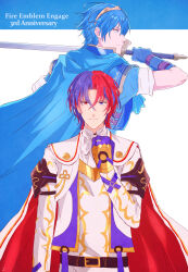  2boys absurdres anniversary blue_eyes blue_hair commentary crossed_bangs english_commentary fire_emblem fire_emblem:_mystery_of_the_emblem fire_emblem_engage hair_between_eyes heterochromia highres jupiter_(042073) looking_at_viewer male_alear_(fire_emblem) male_focus marth_(fire_emblem) multicolored_hair multiple_boys prince red_eyes red_hair short_hair split-color_hair two-tone_hair 