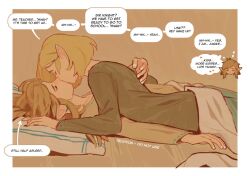  ... 1boy 1girl artist_name bed blonde_hair border closed_eyes couple earrings english_text girl_on_top head_on_pillow heart hetero indoors jewelry kiss link long_hair on_bed pillow pointy_ears princess_zelda pyonteo sidelocks speech_bubble spoken_heart the_legend_of_zelda the_legend_of_zelda:_breath_of_the_wild the_legend_of_zelda:_tears_of_the_kingdom under_covers upper_body white_border zzz 