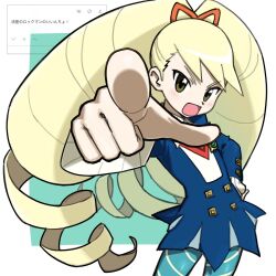  1girl :o big_hair blonde_hair blue_dress blue_pantyhose blush cowboy_shot dress drill_hair hand_on_own_hip highres long_hair long_sleeves looking_at_viewer luna_platz_(mega_man) mega_man_(series) mega_man_star_force_(series) noro_zt open_mouth pantyhose pointing pointing_at_viewer request_inset solo striped_clothes striped_pantyhose twin_drills twintails v-shaped_eyebrows very_long_hair 
