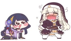  2girls absurdres all_fours armor black_coif black_dress black_veil blonde_hair blush blush_stickers braid chibi chibi_only coif crying crying_with_eyes_open diyap_(style) dress fan_hair_ornament flower full_body genshin_impact highres japanese_armor japanese_clothes kimono long_braid long_hair long_sleeves low-braided_long_hair low-tied_long_hair meme mihoyo miniapron mole mole_under_eye multiple_girls nun obiage open_mouth pleading_eyes purple_flower purple_hair raiden_shogun sesield simple_background speaki_(trickcal) speakiposting_(meme) tearing_up tears trickcal veil violet_eyes wavy_eyes white_background 