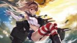  1girl black_eyes black_panties blonde_hair clouds elbow_gloves gloves hairband highleg highleg_panties highres kantai_collection navel panties rensouhou-chan shimakaze_(kantai_collection) sky solo striped striped_legwear swd3e2 thigh-highs torn_clothes underwear water white_gloves 