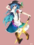  &gt;:q 1girl :q amano_kouki blue_hair boots hand_on_headwear hat highres hinanawi_tenshi holding long_hair looking_at_viewer red_eyes simple_background smile solo sword sword_of_hisou tongue tongue_out touhou weapon 