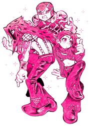  1other 2boys absurdres argyle_skin arm_tattoo bell-bottoms clothing_cutout crop_top diavolo epitaph_(jojo) fishnet_top fishnets highres king_crimson_(stand) long_hair luen24755844 monochrome multiple_boys pants pink_theme shaded_face standing standing_on_liquid tattoo vinegar_doppio wristband 