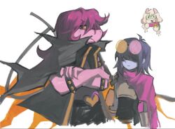  1boy 1girl 1other blue_hair bracelet colored_skin crossed_arms dealmaker_(deltarune) deltarune eram_(deltarune) glasses jacket jewelry kris_(dark_world)_(deltarune) kris_(deltarune) pink_scarf purple_hair qinye ralsei scarf spiked_bracelet spikes susie_(dark_world)_(deltarune) susie_(deltarune) utdr_(toby_fox) white_background 