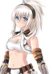  1girl absurdres allenes blue_eyes breasts cleavage gauntlets hairband highres kirin_(armor) looking_at_viewer monster_hunter navel silver_hair simple_background smile solo white_background 