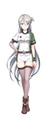 1girl aqua_eyes artist_request baseball_uniform belt boots brown_belt brown_boots cinderella_series closed_mouth elena_starffin green_shirt green_shorts grey_hair grey_thighhighs hachigatsu_no_cinderella_nine hair_between_eyes hair_ornament hand_on_own_hip highres long_hair looking_at_viewer multicolored_shirt multicolored_shorts official_art shirt short_sleeves shorts solo sportswear thigh-highs transparent_background white_shirt white_shorts wristband 