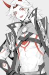  1boy abs absurdres arataki_itto cyanr genshin_impact greyscale highres horns long_hair looking_at_viewer looking_down midriff monochrome muscular muscular_male open_mouth red_eyes red_horns simple_background smile solo standing white_background white_hair 