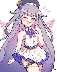  ! 1girl :d anchor_symbol bare_shoulders belt beret black_belt commentary dot_nose dress english_commentary gradient_hair hand_jewel hand_on_own_cheek hand_on_own_face hat heart highres hololive hololive_english koseki_bijou legband long_hair looking_at_viewer multicolored_hair one_eye_closed open_mouth pink_hair shutowl simple_background sleeveless sleeveless_dress smile solo teeth upper_teeth_only very_long_hair violet_eyes virtual_youtuber 
