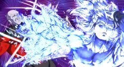  2boys absurdres adjusting_hair afterimage closed_eyes dragon_ball dragon_ball_super fighting hair_slicked_back hand_in_own_hair hand_on_own_head highres hitting jiren male_focus meme multiple_boys naoya_hitting_choso_without_looking_(meme) parody punching rapid_punches scene_reference smear_frame son_goku spiky_hair super_saiyan tcdynamite12 ultra_instinct 