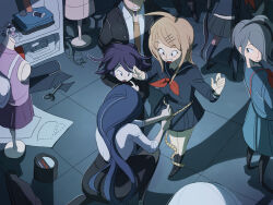  2boys 5girls ahoge akamatsu_kaede black_coat black_eyes black_hair black_hairband black_jacket black_pants black_pantyhose black_skirt black_socks blonde_hair blue_hair blue_jacket blue_sailor_collar blue_serafuku blue_shirt blue_skirt chabashira_tenko clenched_teeth closed_mouth coat collared_coat collared_shirt commentary danganronpa_(series) danganronpa_v3:_killing_harmony english_commentary eyelashes fabric facial_hair finger_to_cheek frown full_body gakuran goatee grey_hair grey_shoes grey_skirt hair_ornament hair_over_one_eye hairband hairclip happy high-waist_skirt holding_tape indoors jacket kneehighs kneeling lapels loafers long_hair long_sleeves looking_at_another looking_back low_twintails mannequin measuring medium_skirt miniskirt momota_kaito multi-tied_hair multiple_boys multiple_girls mutie_(timestables) neckerchief notched_lapels official_alternate_costume oma_kokichi on_one_knee open_clothes open_coat open_mouth pants pantyhose parallel_hairclips pleated_skirt purple_hair red_neckerchief sailor_collar school_uniform scissors serafuku shadow shelf shirogane_tsumugi shirt shoes short_hair sidelocks skirt skirt_set sleeves_rolled_up smile socks spoilers spool tank_top tape_measure teeth tile_floor tiles tojo_kirumi twintails upper_teeth_only very_long_hair wavy_hair white_hair white_shirt yellow_tank_top yonaga_angie 