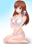  1girl bikini brown_hair green_eyes gundam gundam_build_fighters gundam_build_fighters_try kamiki_mirai long_hair robot s.bomb seiza sitting swimsuit 