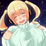  1girl absurdres blonde_hair blush breasts closed_eyes headphones highres huge_breasts nitroplus open_mouth plump ribbed_sweater short_hair smile solo super_pochaco sweater twintails 