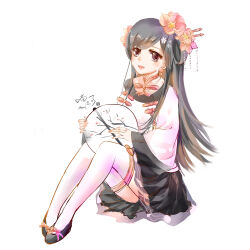  1girl absurdres beads black_hair black_shoes black_skirt chinese_clothes chinese_text commentary_request eyelashes flats flower full_body grey_eyes hair_beads hair_flower hair_ornament hair_rings hairpin hand_fan happy highres holding holding_fan light_blush long_hair long_sidelocks long_sleeves looking_at_viewer miniskirt miracle_nikki muriel_miaoke neck_ribbon nikki_(series) open_mouth peony_(flower) pink_flower pink_ribbon pleated_skirt ribbon shadow shirt shoes sidelocks signature simple_background skirt smile solo straight_hair stylist_(nikki) teeth thigh-highs translation_request tuanshan upper_teeth_only variant_set very_long_hair white_background white_shirt white_thighhighs wide_sleeves 