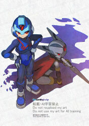  2boys android closed_mouth commentary_request copy_x_(mega_man) fins forehead_jewel hands_on_own_hips head_fins helmet hidden_phantom_(mega_man) holding holding_kunai holding_weapon kunai male_focus mega_man_(series) mega_man_zero_(series) multiple_boys ninja red_eyes red_scarf scarf shadow simple_background smile standing twitter_username watermark watermark_grid weapon white_background yamanashi_taiki 