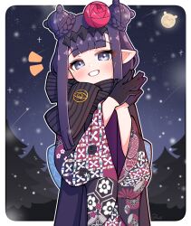  1girl :d absurdres black_gloves black_kimono black_scarf blunt_bangs border braid bun_with_braided_base commentary diamond_hairband double_bun english_commentary enpera flower forest full_moon gloves hair_bun hair_flower hair_ornament highres hololive hololive_english japanese_clothes kimono long_hair looking_at_viewer mackintosh_rose mole mole_under_eye moon moon_with_face nature night ninomae_ina'nis ninomae_ina'nis_(new_year) official_alternate_costume official_alternate_hairstyle outdoors own_hands_together pointy_ears print_kimono purple_hair purple_kimono scarf shutowl sidelocks smile snow solo_focus star_(sky) takodachi_(ninomae_ina'nis) teeth violet_eyes virtual_youtuber white_border 