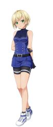  1girl arms_behind_back artist_request baseball_uniform belt bike_shorts bike_shorts_under_shorts black_belt black_gloves black_shorts black_socks blonde_hair blue_shirt blue_shoes blue_shorts cinderella_series closed_mouth covered_navel gloves green_eyes hachigatsu_no_cinderella_nine hand_on_own_arm highres looking_at_viewer multicolored_shoes official_art shiomi_nagisa shirt shoes short_hair shorts sleeveless sleeveless_shirt socks solo sportswear transparent_background two-tone_shoes white_shoes 
