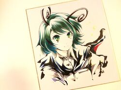  1girl antennae cape green_eyes green_hair marker_(medium) shikishi short_hair smile solo touhou traditional_media tsubameyado wriggle_nightbug 