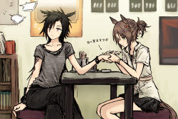  2girls air_shakur_(umamusume) animal_ears black_hair black_pants black_skirt brown_hair chair closed_mouth clover_hair_ornament collarbone collared_shirt commentary crossed_legs elbow_on_table expressionless fine_motion_(umamusume) green_eyes grey_shirt hair_ornament highres horse_ears horse_girl horse_tail indoors miniskirt multiple_girls on_chair orange_eyes pants pleated_skirt ponytail shirt short_ponytail short_sleeves sitting skirt t-shirt tail translation_request umamusume white_shirt yukitake_(bullfalk) 