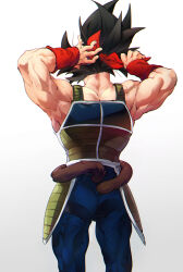  1boy armor back bardock bare_shoulders black_hair dragon_ball dragon_ball_z facing_away from_behind headband highres male_focus monkey_boy monkey_tail muscular muscular_male ommmyoh saiyan saiyan_armor short_hair shoulder_blades simple_background solo spiky_hair standing tail tail_around_own_waist wristband 